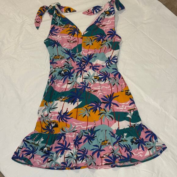 Sam Edelman Tropical Island Print Summer Dress Size 6 Tie Shoulders Palm Trees - Picture 5 of 10
